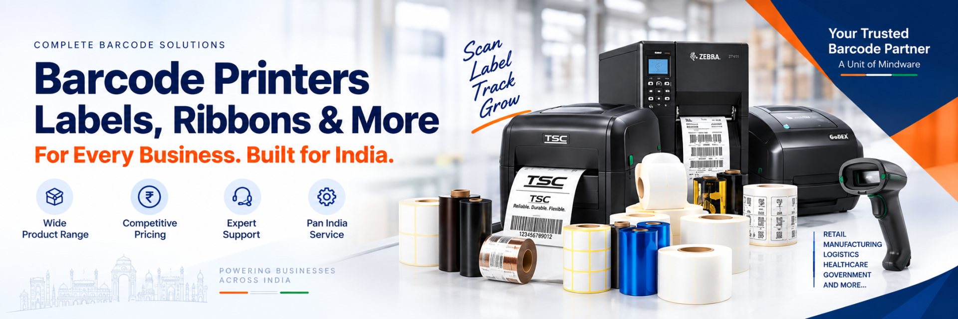Barcode printers, labels, ribbons and more for every business, built for India — TSC, Zebra and Godex printers, label rolls, ribbons and a barcode scanner. Indian Barcode Corporation, a unit of Mindware.