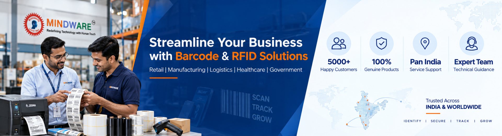 Streamline your business with barcode and RFID solutions — retail, manufacturing, logistics, healthcare, government. Mindware engineers checking barcode labels; trusted across India and worldwide.